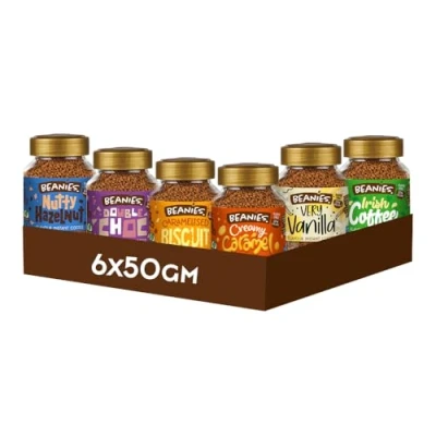 Image of Beanies Classic Starter Pack Flavoured Instant Coffee, 300g (50g x 6 pack) Caramel, Hazelnut, Irish Vanilla, Double Chocolate, Caramelised Biscuit Rich in Flavour, Low Calorie, Sugar Free