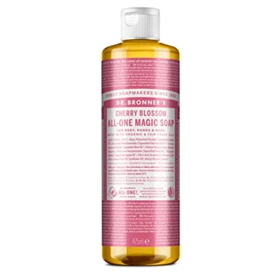 Image of Dr Bronner&#039;s 18 in 1 Cherry Blossom Pure Castile Liquid Soap, Made with Non GMO Ingredients, Used for Face, Body, Hair, Laundry, Pets and Dishes, Certified Fair Trade &amp; Vegan Friendly, 473ml Recycled Bottle
