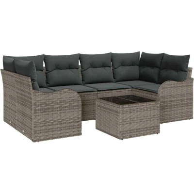 Image of vidaXL 7 Piece Garden Sofa Set with Cushions Grey Poly Rattan