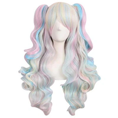 Image of MapofBeauty Multi color Lolita Long Curly Clip on Ponytails Cosplay Wig (Pink/Blue/Blonde)