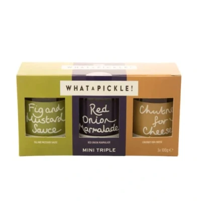 Image of What A Pickle Mini Triple Gift Box Includes: Fig and Mustard Sauce, Red Onion Marmalade Chutney for Cheese Gluten Free &amp; Vegan 3 x 100g
