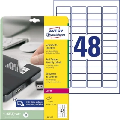Image of Avery L6113 20 Extra Strong Adhesive Anti Tamper Security Labels, 48 Labels Per A4 Sheet, White