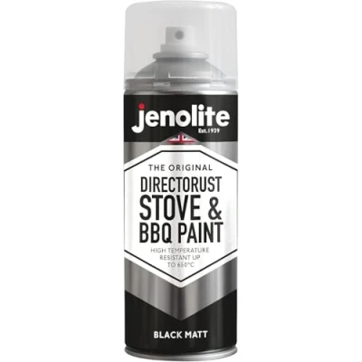 Image of JENOLITE Directorust BBQ &amp; Stove Spray Paint BLACK 400ml Very High Temperature Up to 650C Barbecue Paint, Chimineas, Wood Burner, Automotive, Fire Screens Surrounds