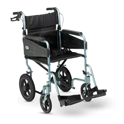 Image of DAYS Escape Lite Wheelchair, Attendant Propelled Lightweight Aluminium with Folding Frame, Mobility Aid, Comfy and Sturdy, Portable Transit Travel Chair, Removable Footrests, Narrow, Silver Blue