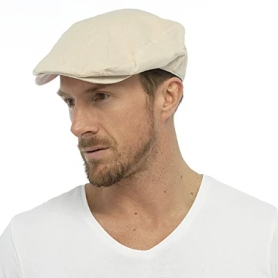 Image of Mens Cotton Linen Fabric Flat Cap Hat Lined Summer Sun Peak Washable Stone L/XL