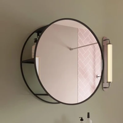 Image of Croydex 500mm Matt Black Circular Wall Mounted Steel Mirror with Shelving Safety Backed Round Mirror, Bathroom Shelf, Mirrors Mounted, No Assembly Required