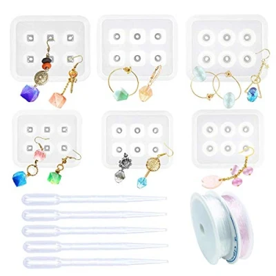 Image of Woohome 6 PCS Diamond Beads Resin Molds with Hole, 5 Droppers and 2 Roll String for Gemstone Cabochon Jewelry Casting