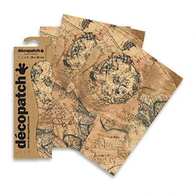 Image of Décopatch Ref C806C Vintage Atlas Effect Paper Pack Each Sheet 30 x 40cm, of 3 Sheets Best Used With Décopach Glue &amp; Varnish, Brown