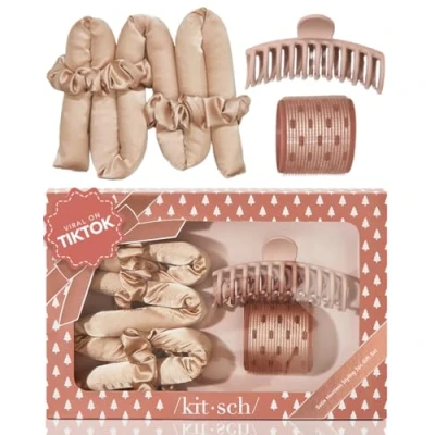 Image of Kitsch Satin Mother&#039;s Day Gift Heatless Hair Styling 5pc Set of Curling Set, Ceramic Thermal Roller &amp; Claw Clip Accessories, Champagne
