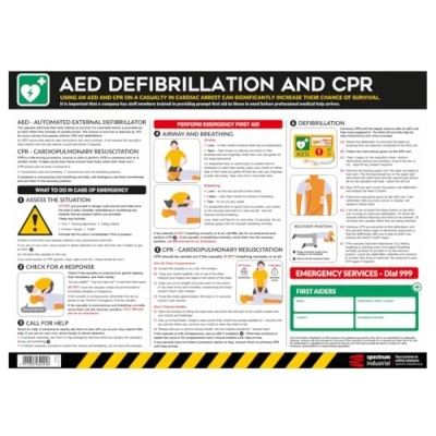 Image of AED Defibrillation and CPR Safety Sign, Easy To Read Information Guide, Made From Anti Scuff Laminate PVC, W594mm x H420mm