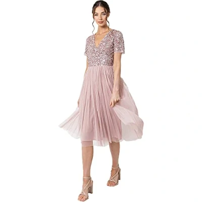 Image of Maya Deluxe Women&#039;s Embellished Midi Evening Dress Ladies V Neckline with Short Sleeve for Prom Wedding Bridesmaid, Frosted Pink, 22