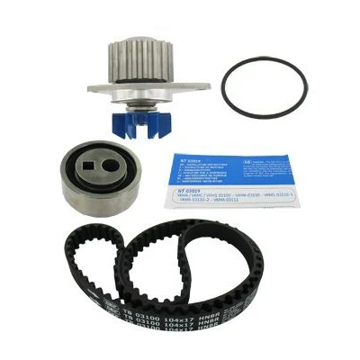 Image of VKMA03100, VKPC83205 Water Pump + Timing Belt Kit SKF VKMC 03100 with gaskets/seals 104 rounded tooth profile Plastic PEUGEOT: 205 II Hatchback