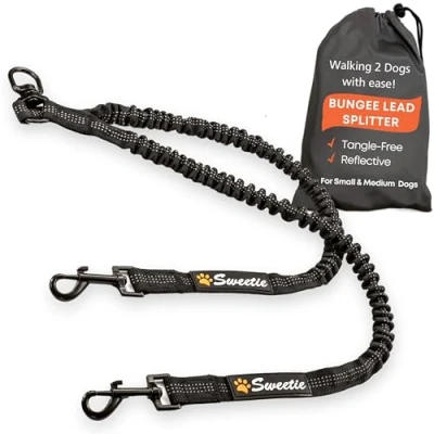Image of Sweetie Dog Lead Splitter Dual Shock Absorbing Bungee Double Leash Coupler Perfect Leads for Walking 2 Small to Medium Dogs on One No Tangle 360 Swivel Clip Reflective Stitching