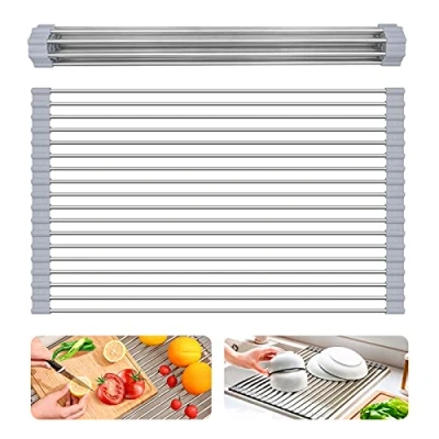 Image of WOODFIB Roll Up Dish Drying Rack, Kitchen Over Sink Drainer Foldable Multi Use Drainers with Non Slip Silicone and 304 Stainless Steel Pipe (43cm x 35cm,Grey)