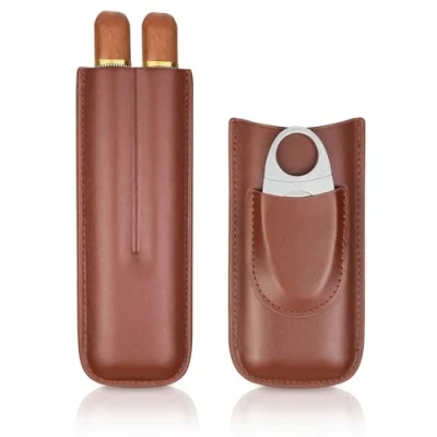 Image of cgaplus 2 Finger Leather Cigar Case with Cutter Cedar Wood Lined Humidor Portable Travel Case(Brown)