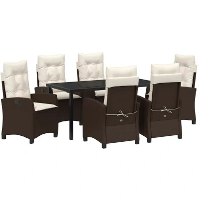 Image of vidaXL 7 Piece Garden Dining Set with Cushions Brown Poly Rattan