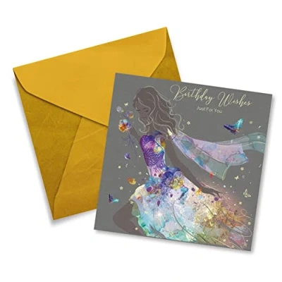 Image of Cherry Orchard Female Open Birthday Card Wishes Just For You Artistic Lady In Gorgeous Flowing Purple Gown Flitter &amp; Gold Foil Finish Her