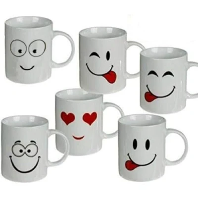 Image of Homezone Set of 4 White Mugs Novelty Emoticons Design Ceramic Cup Ideal for Hot Chocolate, Tea Coffee Cups Dishwasher Safe 11oz Large Handle
