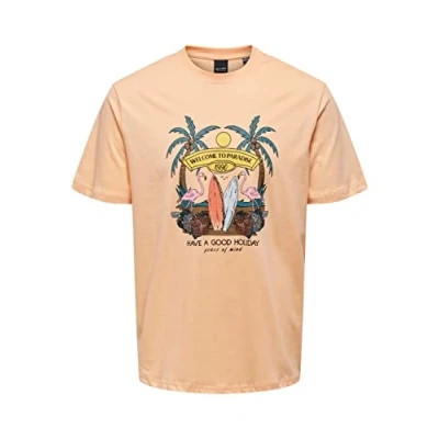 Image of ONLY &amp; SONS Men&#039;s Onsalberto Reg Summer SS Tee T Shirt, Peach Nectar, XS