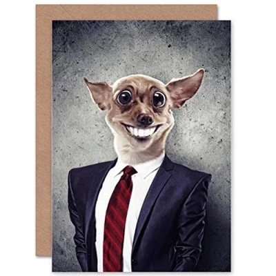 Image of Wee Blue Coo DOG WEARING SUIT CHIHUAHUA SMILE FUNNY BLANK GREETINGS BIRTHDAY CARD