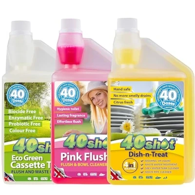 Image of 40Shot Eco Triple Treat Pack Green, Pink &amp; Dish n 3 x 1L Concentrates Friendly Cassette Toilet Grey Water Tank Care 40 Doses Each Biocide Free Septic Safe