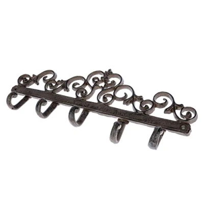 Image of HOMESCAPES Wall Mounted Coat Rack with Ornate Swirl Design and 5 Hooks Antique Style Brown Cast Iron