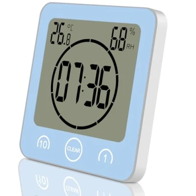Image of ALEENFOON Digital Bathroom Clock Suction Cup Waterproof Wall Large Display Shower Timer with Alarm Temperature Thermometer Hygrometer Countdown Battery Operated (Blue)