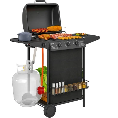 Image of Outsunny 3+1 Burner Gas BBQ Grill, Portable Barbecue Grill with Built in Thermometer, Lid, Side Table, Shelf, Spice Rack, Wheels, Grease Cup for Garden Party Outdoor Cooking, Black