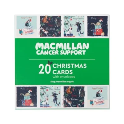 Image of Macmillan Festive Cats Charity Christmas Cards Pack of 20 Luxury and Eco Friendly Cards. Boxed Multipack 4 Seasonal Designs. 127x127mm Card Size.