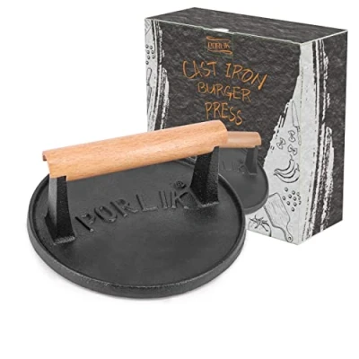 Image of Burger Press,7 inch Hamburger Press,Heavy Duty Smash Press,Round Smasher for Griddle,Cast Iron Grill Press with Touch Wooden Handle，Smash BBQ Grilling Accessories