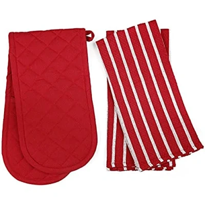 Image of Penguin Home Heat Resistant Oven Gloves with Set of 2 Tea Towel Mitt &amp; Potholder for Cooking Maximum Protection/Kitchen Accessories (Red) Size (18x90 65x45 cm)