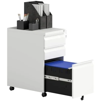 Image of Vinsetto 3 Drawer Filing Cabinet with Lock, Mobile Steel File for A4, Legal and Letter Size, Under Desk Drawers Pre Assembled Body Home Office, 30 x 43.5 60 cm, White