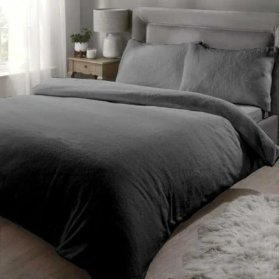 Image of Rapport Home Teddy Bear Luxurious Super Soft Warm Quilt Duvet Cover Bed Set, Polyester, Charcoal, Double