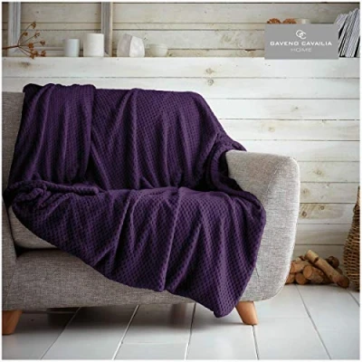 Image of GC GAVENO CAVAILIA Easy Care Teddy Popcorn Fleece Throw, Luxury Super Soft &amp; Warm Honeycomb Settee Blanket, Single Size, Purple