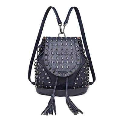 Image of Miss Lulu Small Gothic Skulled Backpack Handbags for Women Shoulder Rucksuck with Chain Faux Leather Studded Embossed Skulls Tassels Travel School