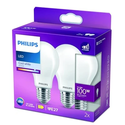 Image of Philips LED Classic A60 Frosted Light Bulb 2 Pack [E27 Edison Screw] 10.5W 100W Equivalent, Cool White 4000K, Non Dimmable