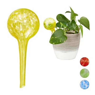 Image of Relaxdays Globes Set of 2, Regulated Irrigation for Plants, Office &amp; Holiday Watering Aid, Yellow, Diameter Ball: app. 6 cm