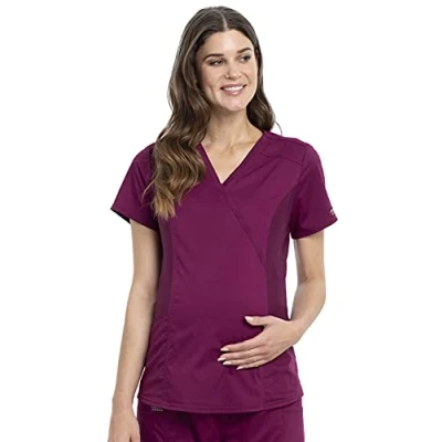 Image of Workwear Revolution Maternity Women Scrubs Top Mock Wrap WW688, Wine, Medium