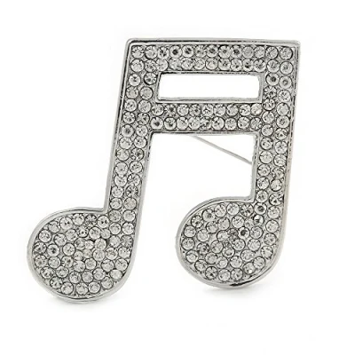 Image of Avalaya Silver Plated Pave Set Clear Crystal Musical Note Brooch 35mm