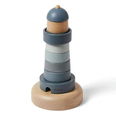 Image of FLEXA Lighthouse Stacker Wooden Stacking Toys Montessori Educational Baby Rings Colour Sorting Toy
