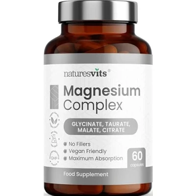 Image of Magnesium Complex 4 in 1, with 60 Capsules, 370mg Glycinate, Taurate, Malate and Citrate Supplement for Sleep Calm UK Made, Suitable Women Men