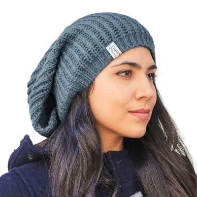 Image of Oversized Winter Slouchy Knit Beanie Mens Warm Wool Autumn Hat Womens Slouch Dreadlock Cap Large Big Heads Blue
