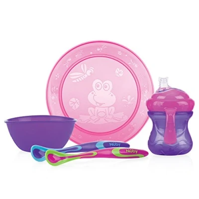Image of Nûby ID92316 Girl&#039;s Tableware Set Plate Bowl Cup 2X Spoon Pink/Purple
