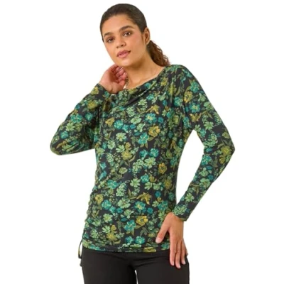 Image of Roman Womens Ruched Cowl Neck Floral Top Green Size 10 UK