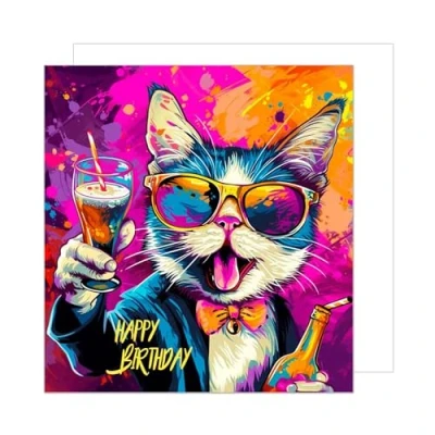 Image of Edition Seidel Premium Square Birthday Card with Envelope. Greeting Happy For Him or Her Female Male Friend Mum Dad Daughter Son Colleague Cool Cat (GQ220 SW024)