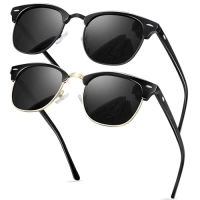 Image of KANASTAL 2 Pairs Black Sunglasses Womens Mens Polarised Dark Semi Rimless Retro Half Frame UV400 Glossy Gold +