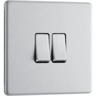 Image of BG Electrical Double Wall Light Switch, 2 Way, Screwless Front Plate, Slim Profile, Premium Flatplate, Brushed Steel, 20A, 16AX, FBS42