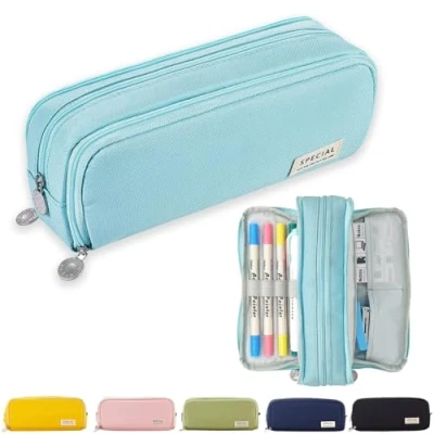 Image of X SIM FITNESSX Pencil Case Teenager Girls 3 Compartments Boys Large Capacity for School &amp; Office (Blue)
