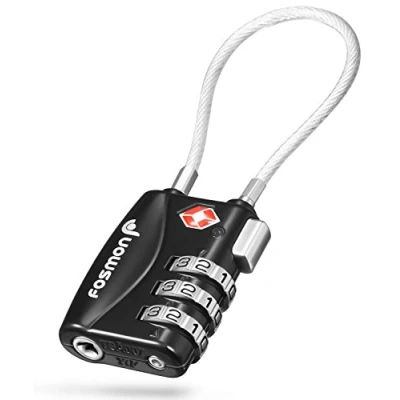 Image of Fosmon TSA Accepted 3 Digit Combination Cable Lock for Suitcase, Travel Bag, Locker or Backpack Secure All Luggage, Bike, Gate, Shed Code Padlock Black