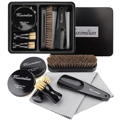 Image of MAXIMILIAN Shoe Polish Kit,Shoe Shine kit With Black and Neutral Polish, 2 Applicator Brush, Soft Horsehair Brush,Shoehorn, Cloth
